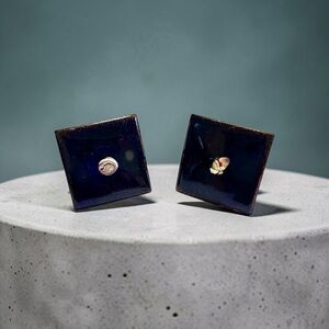 Vintage Mid Century Modern Copper and Blue Enamel Cufflinks Estate